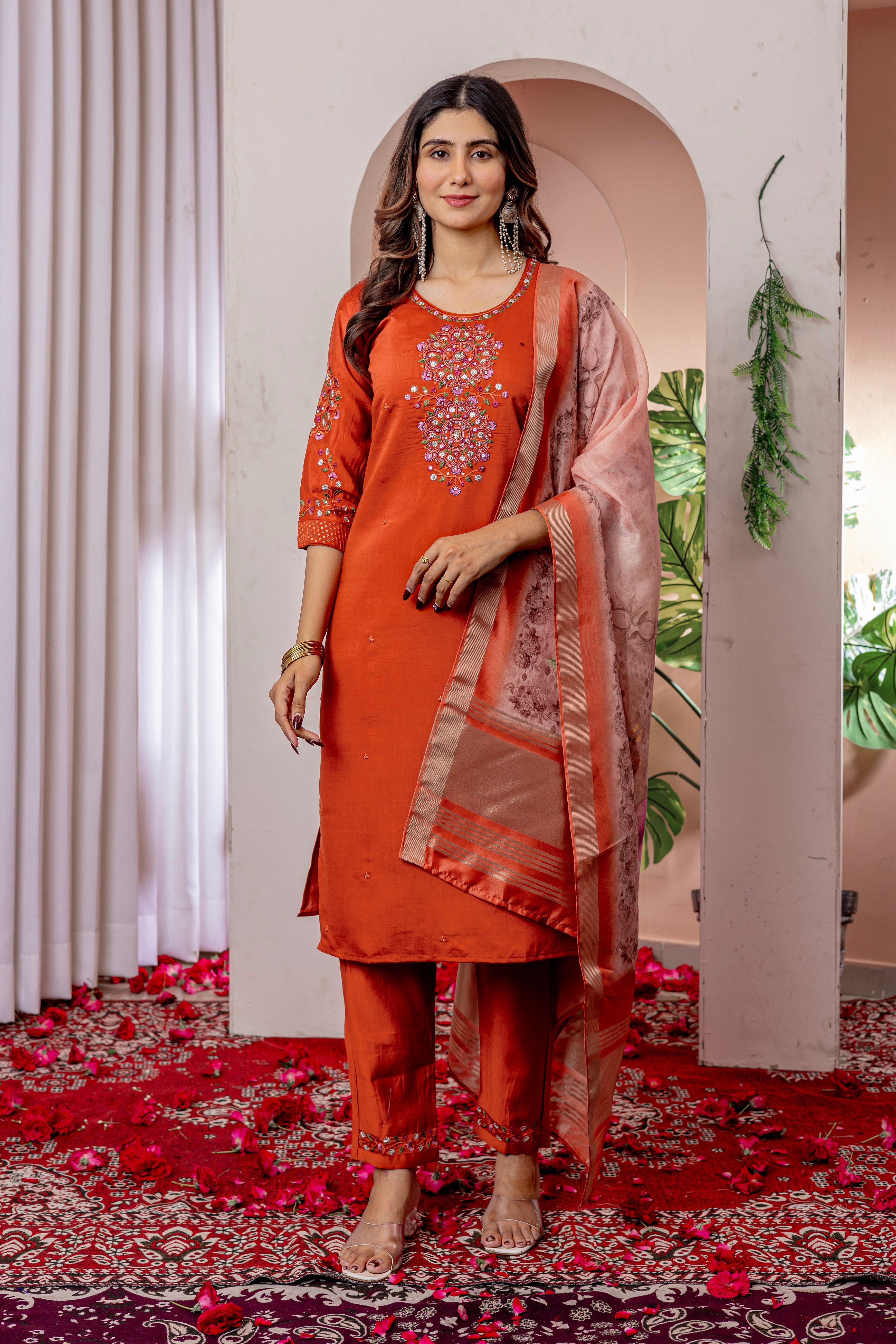 Hanch Viscose Silk Embroidered Straight Kurti Set – Orange