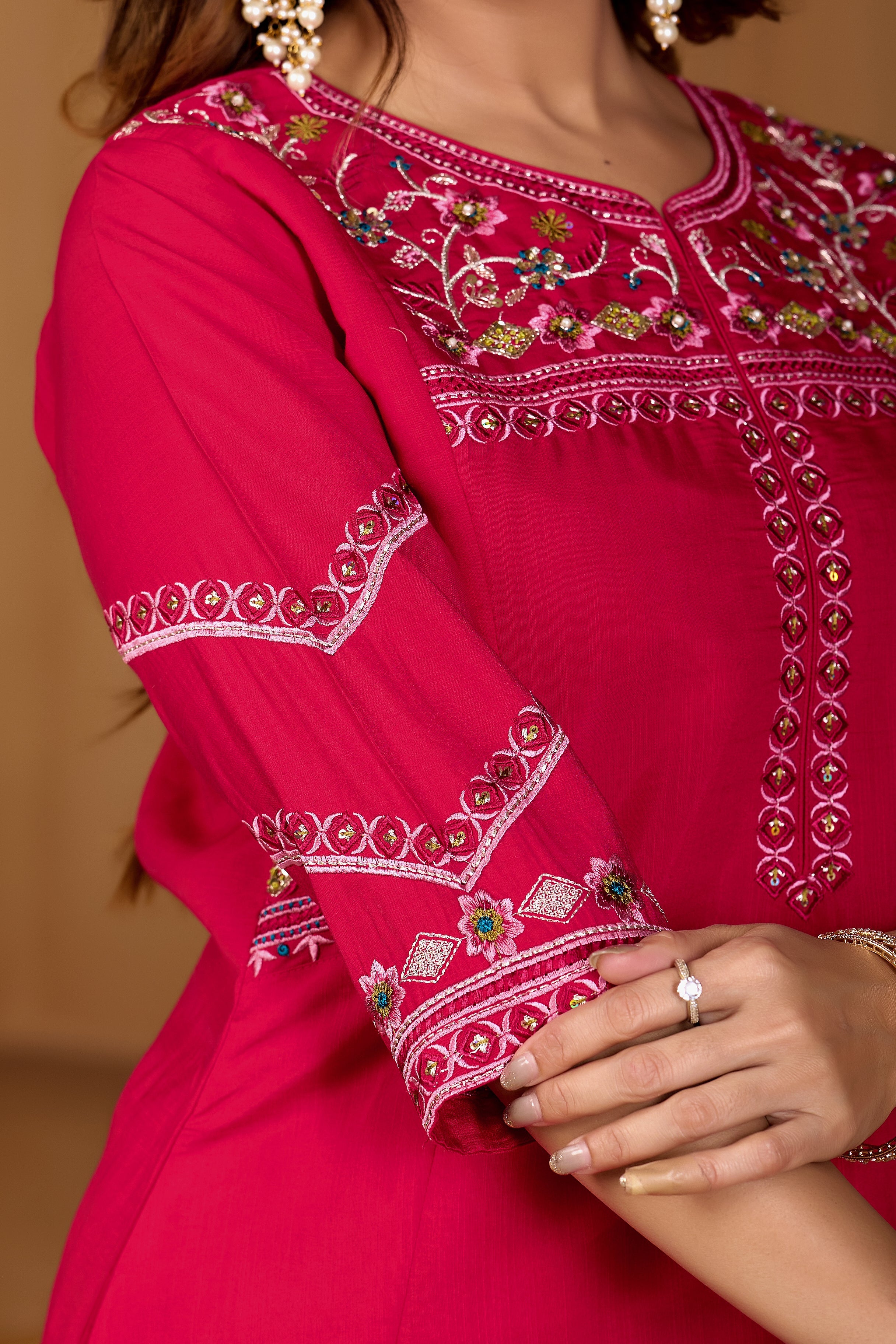 Hanch Viscose Mango Silk Embroidered Anarkali Kurti Set – Rani Pink