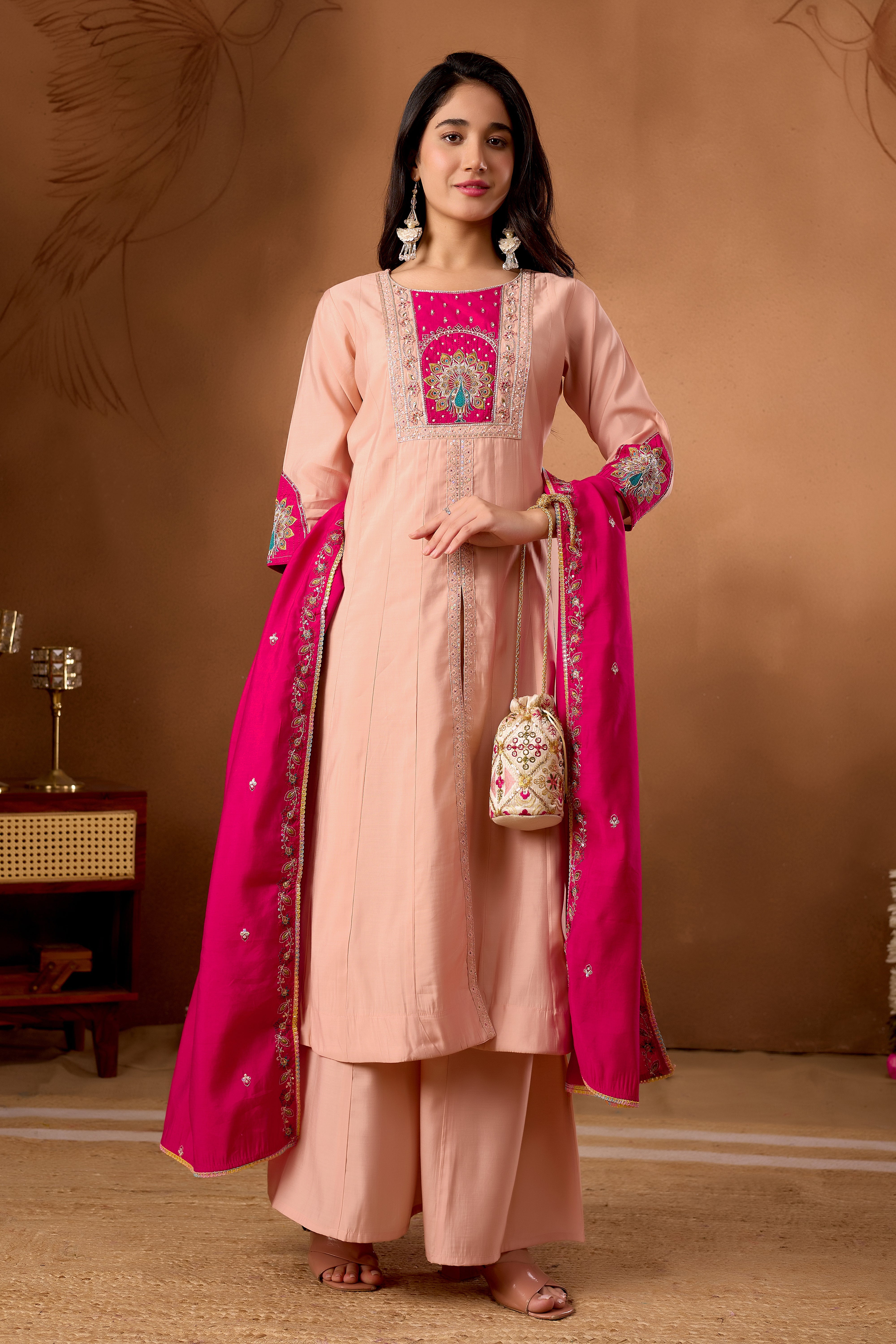 Hanch Roman Silk Embroidered Anarkali Kurti Set – Peach