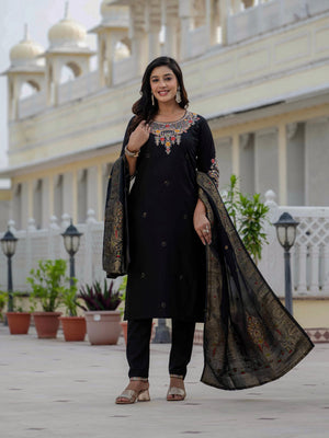 Hanch Premium Roman Silk Embroidered Straight Kurti Set – Black
