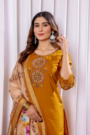 Hanch Viscose Silk Embroidered Straight Kurti Set – Mustard