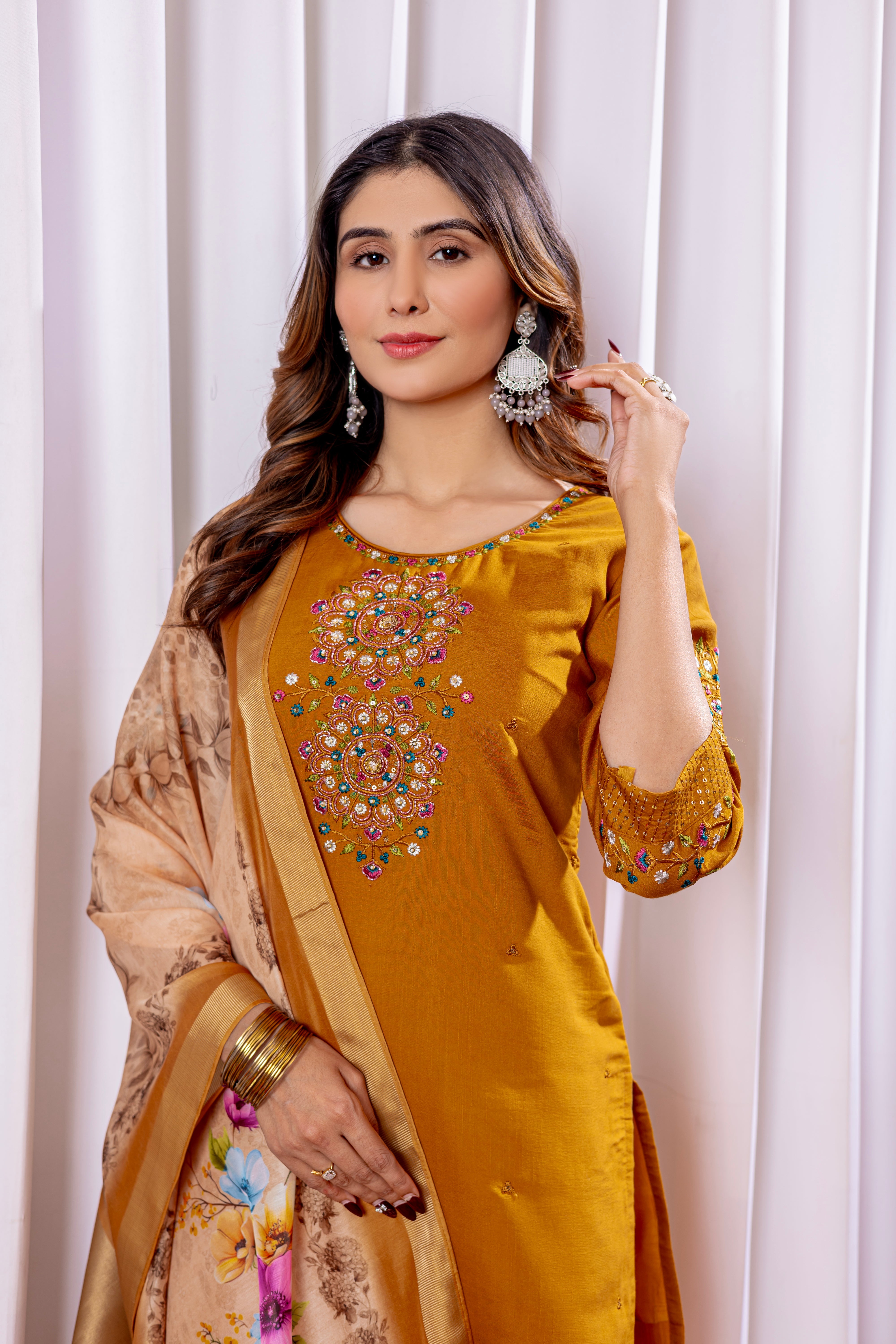 Hanch Viscose Silk Embroidered Straight Kurti Set – Mustard
