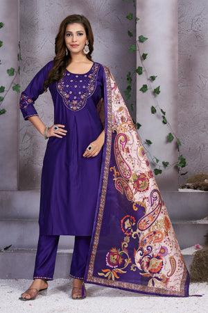 Hanch Premium Marina Silk Embroidered Straight Kurti Set – Violet