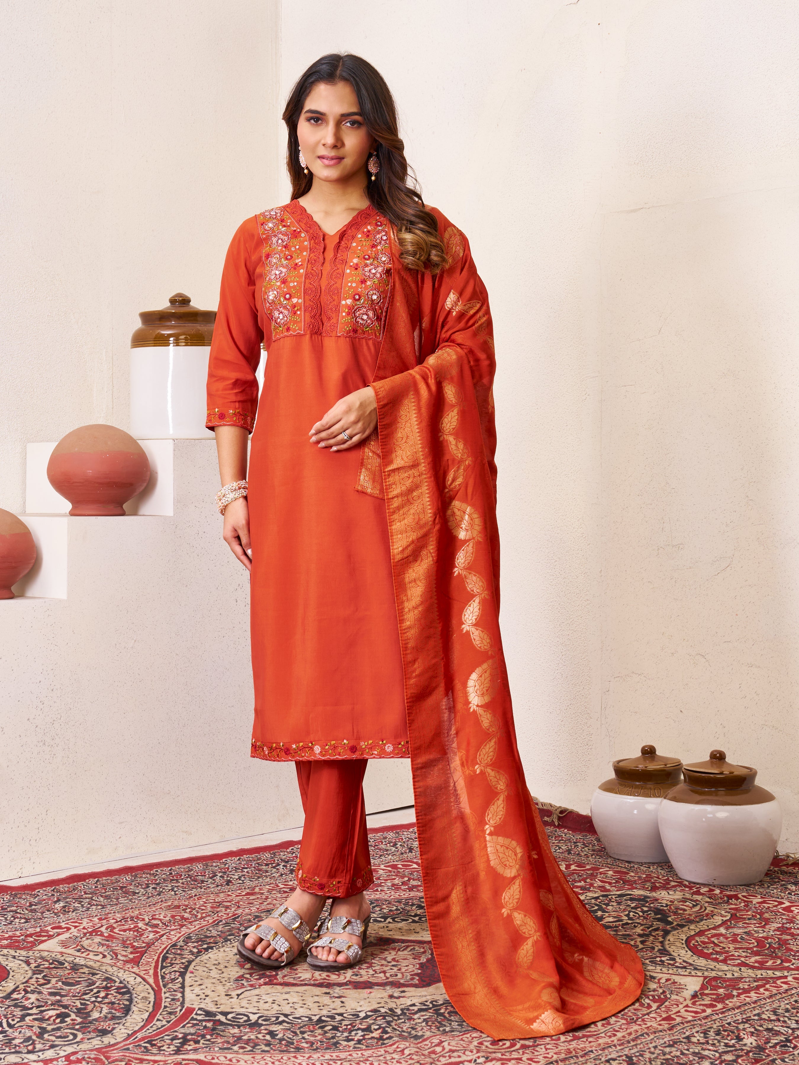 Hanch Roman Silk Embroidered Straight Kurti Set – Rust