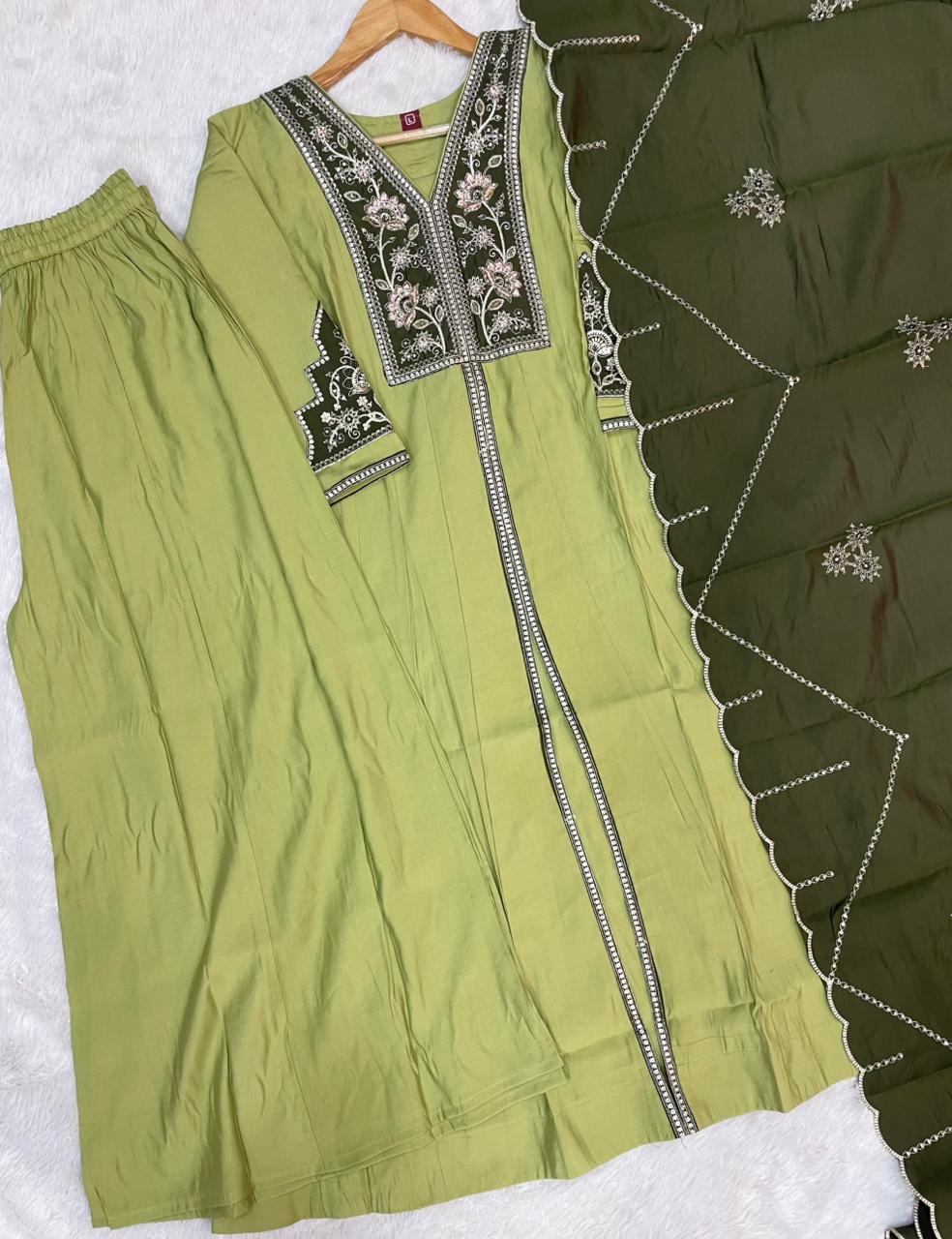 Hanch Roman Silk Embroidered Anarkali Kurti Set – Pista