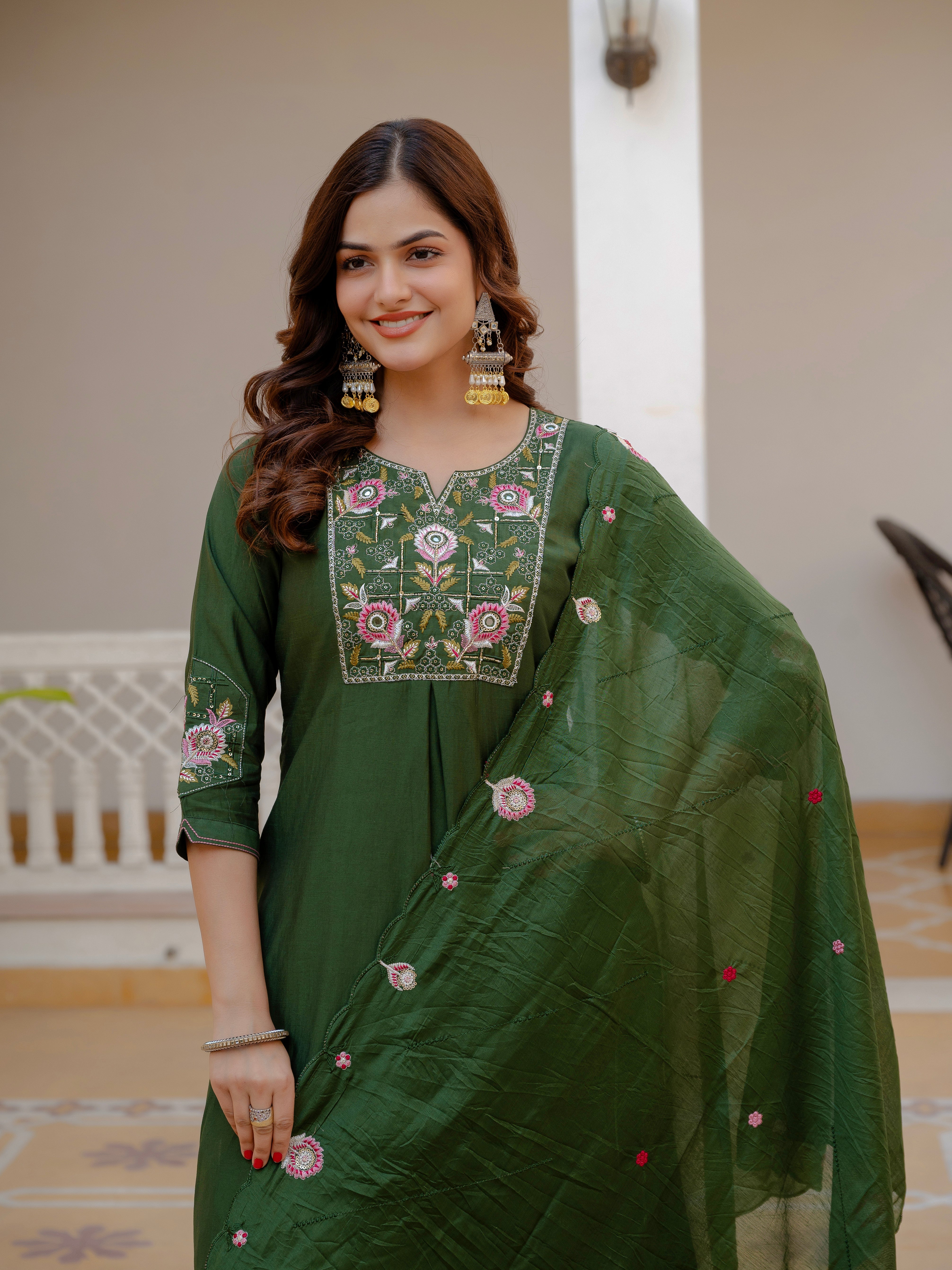Hanch Pure Viscose Mango Silk Embroidered Straight Kurti Set – Green