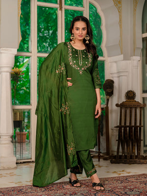 Hanch Marina Silk Embroidered Straight Kurti Set – Mehndi Green
