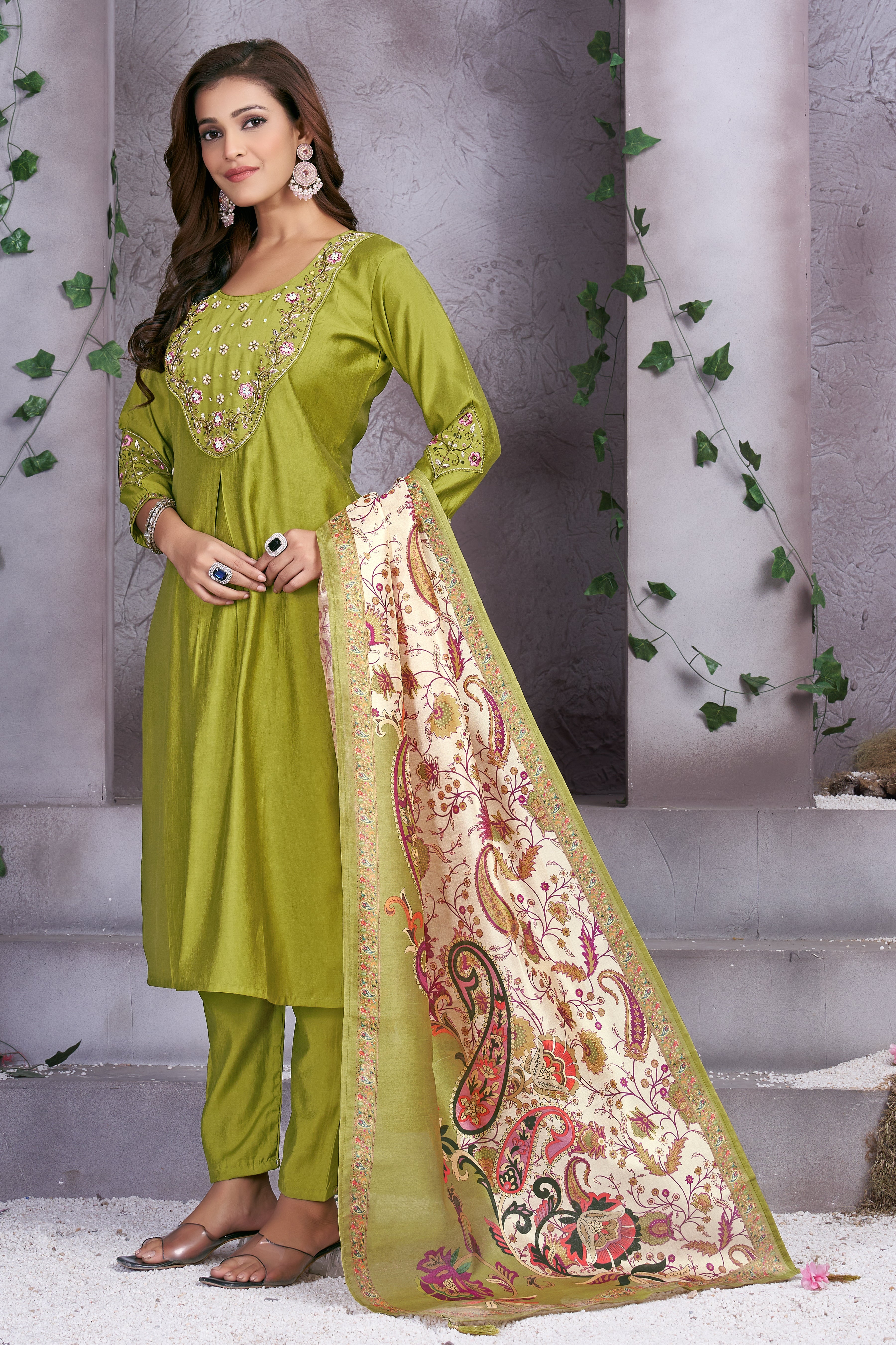 Hanch Premium Marina Silk Embroidered Straight Kurti Set – Parrot Green