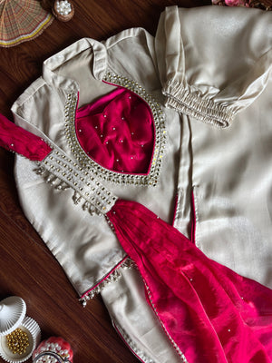 Hanch Roman Glass Silk Embroidered Kurti + Blouse + Palazzo Set – Ivory & Rani Pink