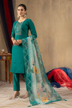Hanch Roman Silk Embroidered Straight Kurti Set – Rama Green