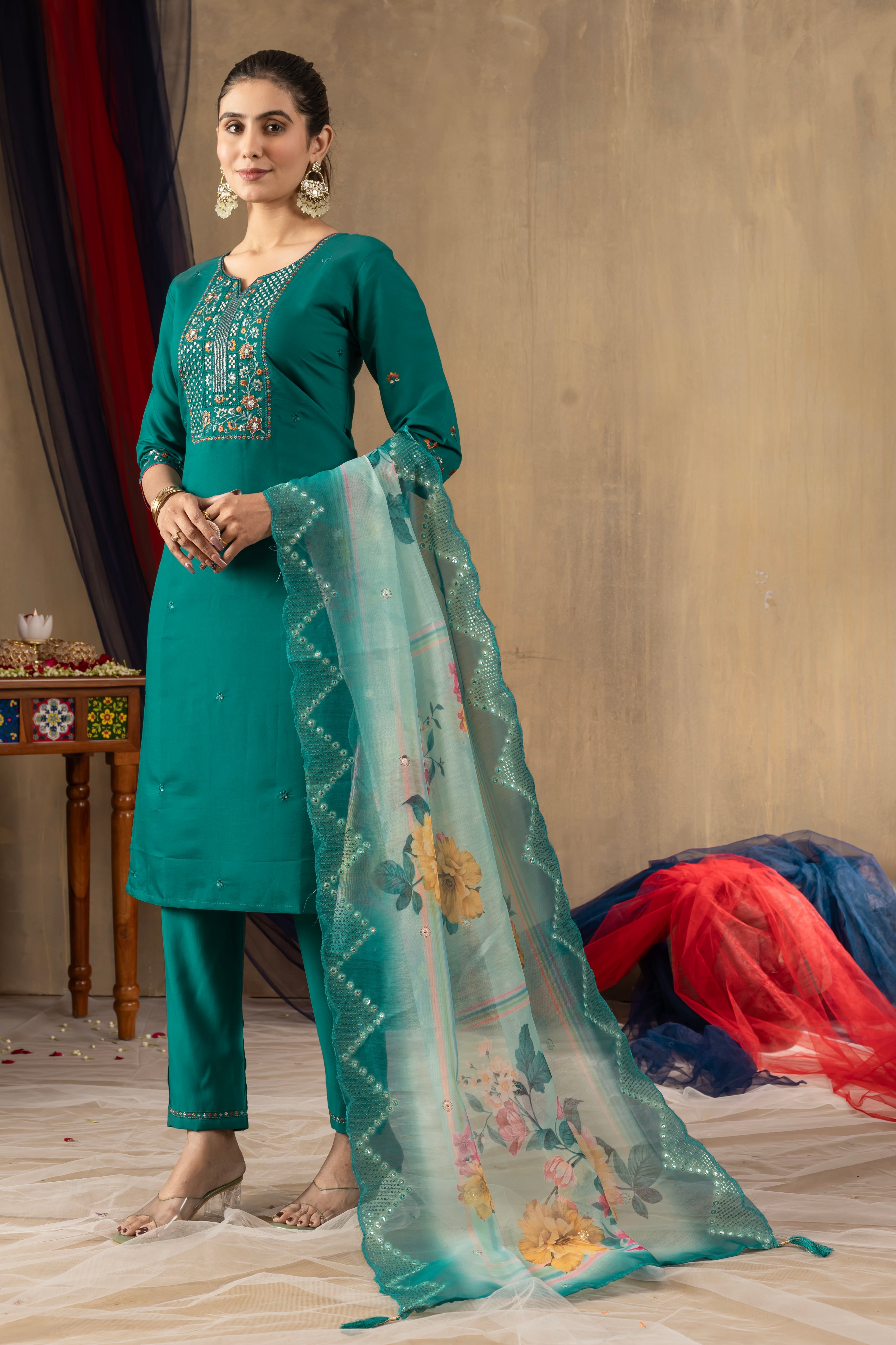 Hanch Roman Silk Embroidered Straight Kurti Set – Rama Green