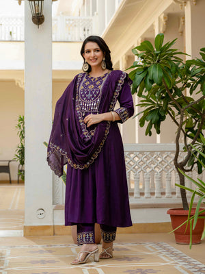 Hanch Viscose Roman Silk Embroidered Anarkali Kurti Set – Purple
