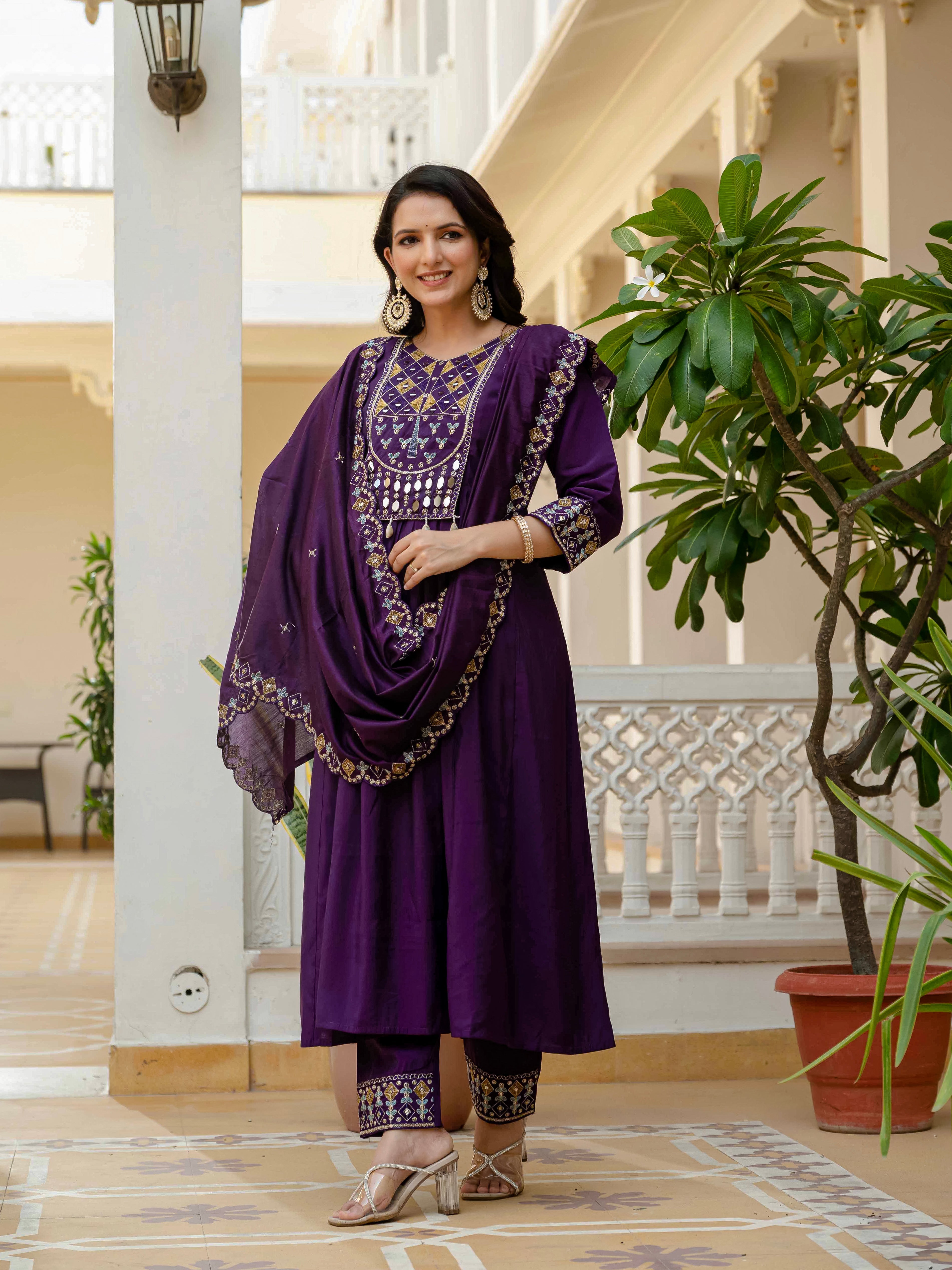 Hanch Viscose Roman Silk Embroidered Anarkali Kurti Set – Purple