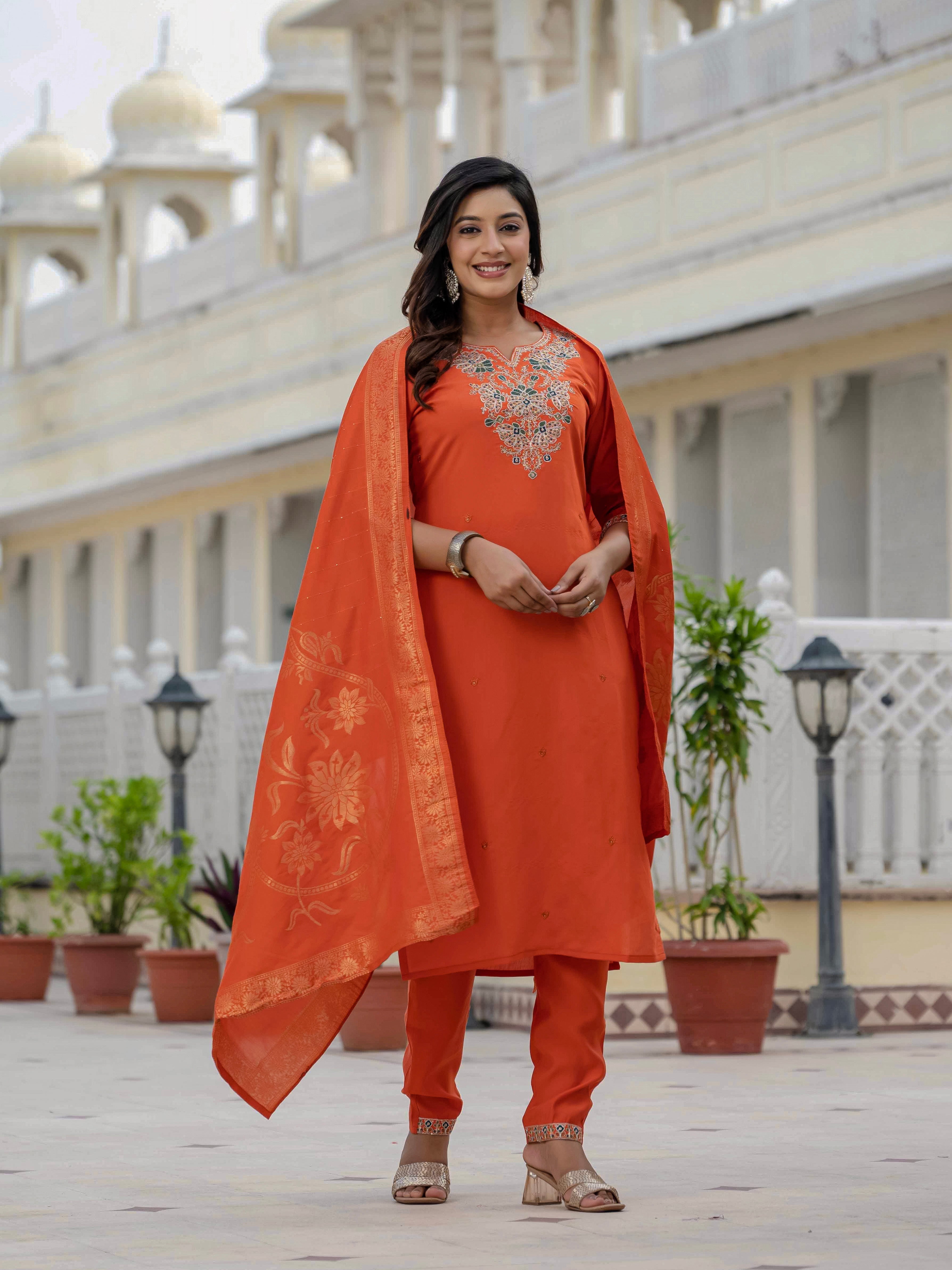 Hanch Premium Roman Silk Embroidered Straight Kurti Set – Orange