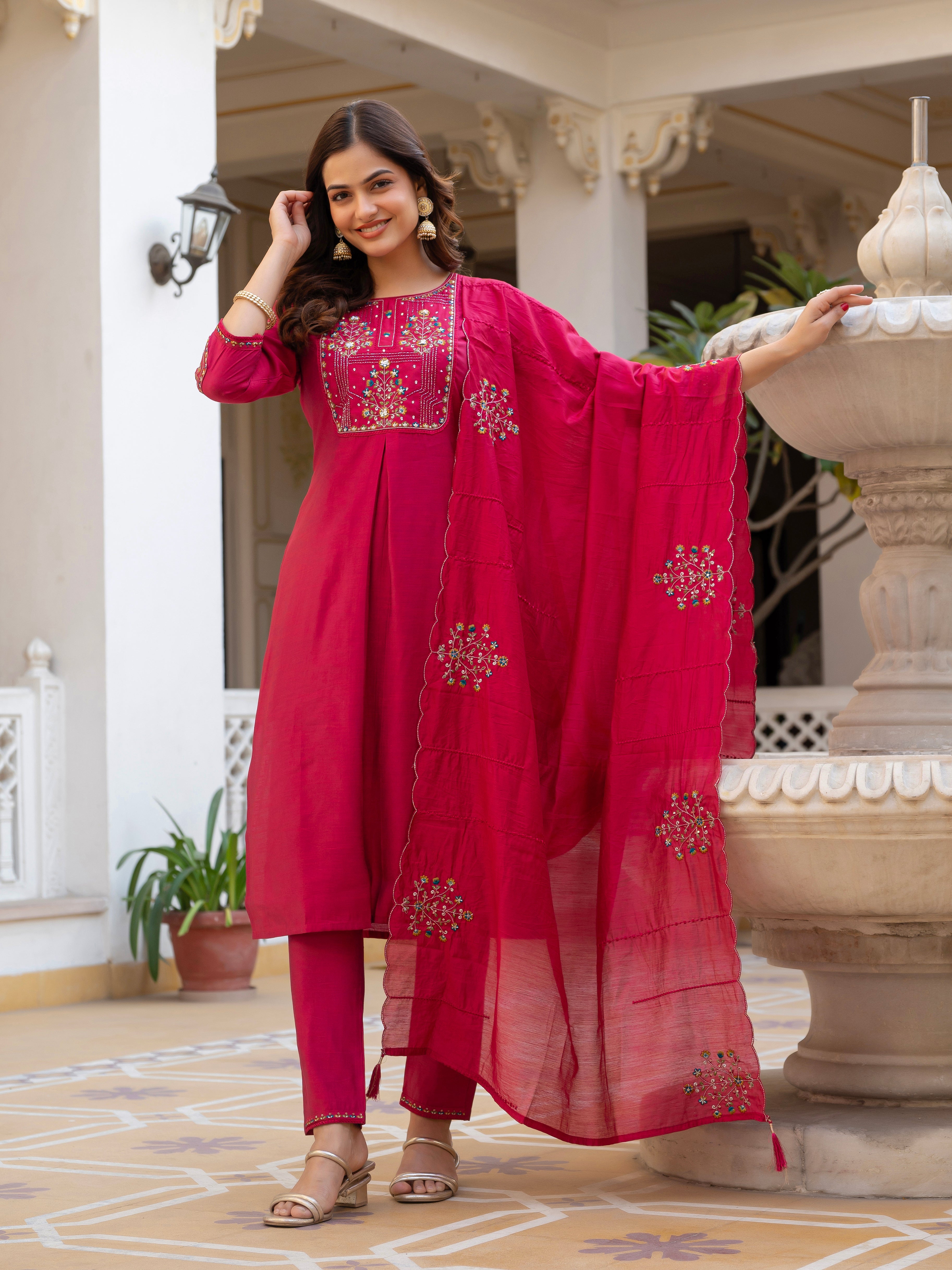 Hanch Pure Viscose Mango Silk Embroidered Straight Kurti Set – Pink
