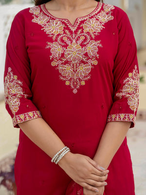 Hanch Premium Roman Silk Embroidered Straight Kurti Set – Maroon