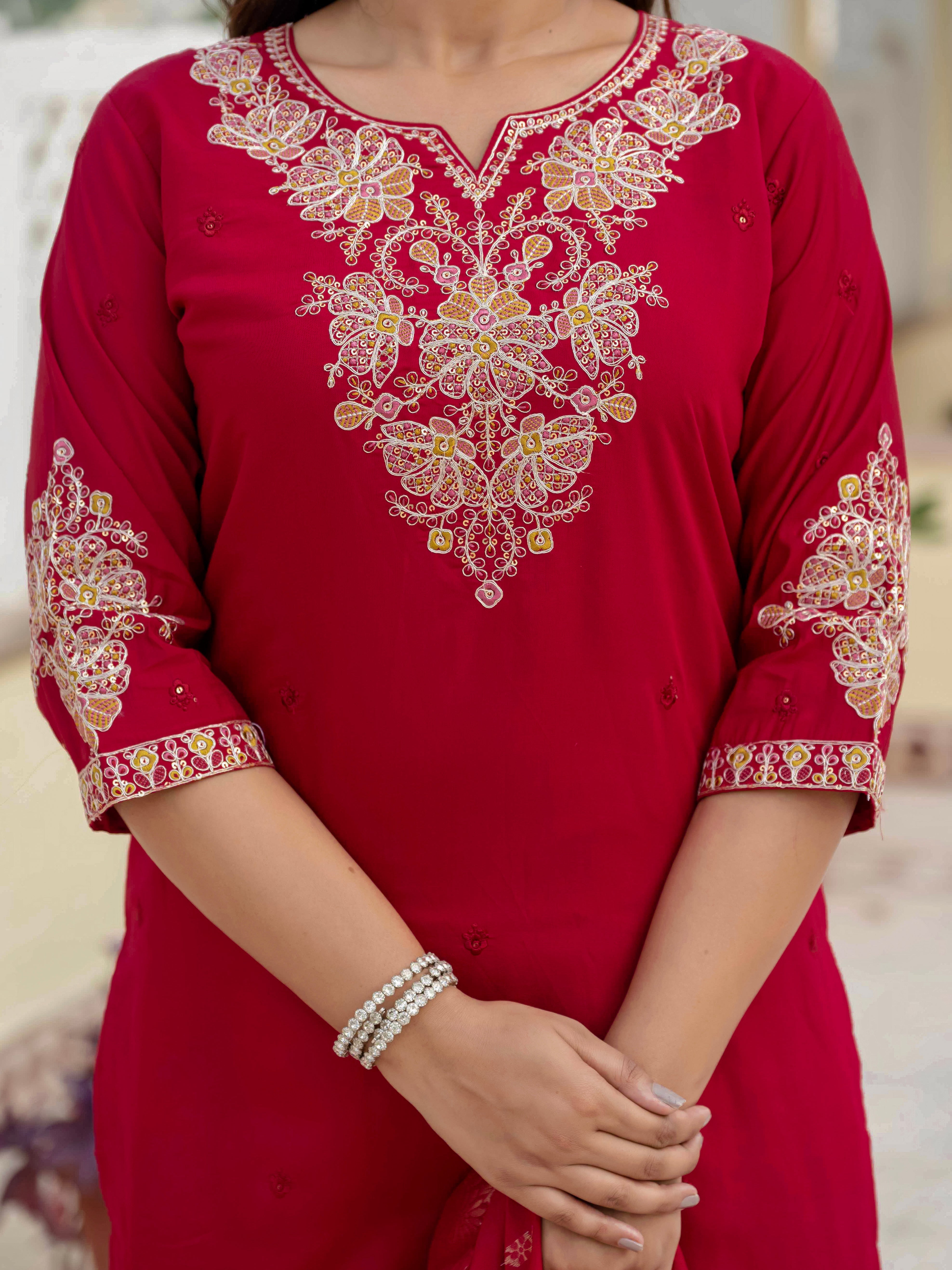 Hanch Premium Roman Silk Embroidered Straight Kurti Set – Maroon