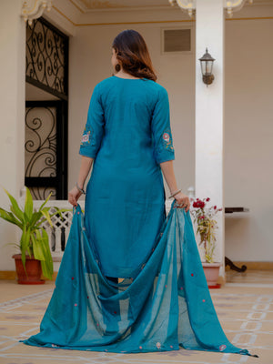 Hanch Pure Viscose Mango Silk Embroidered Straight Kurti Set – Firozi