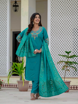 Hanch Premium Roman Silk Embroidered Straight Kurti Set – Firozi