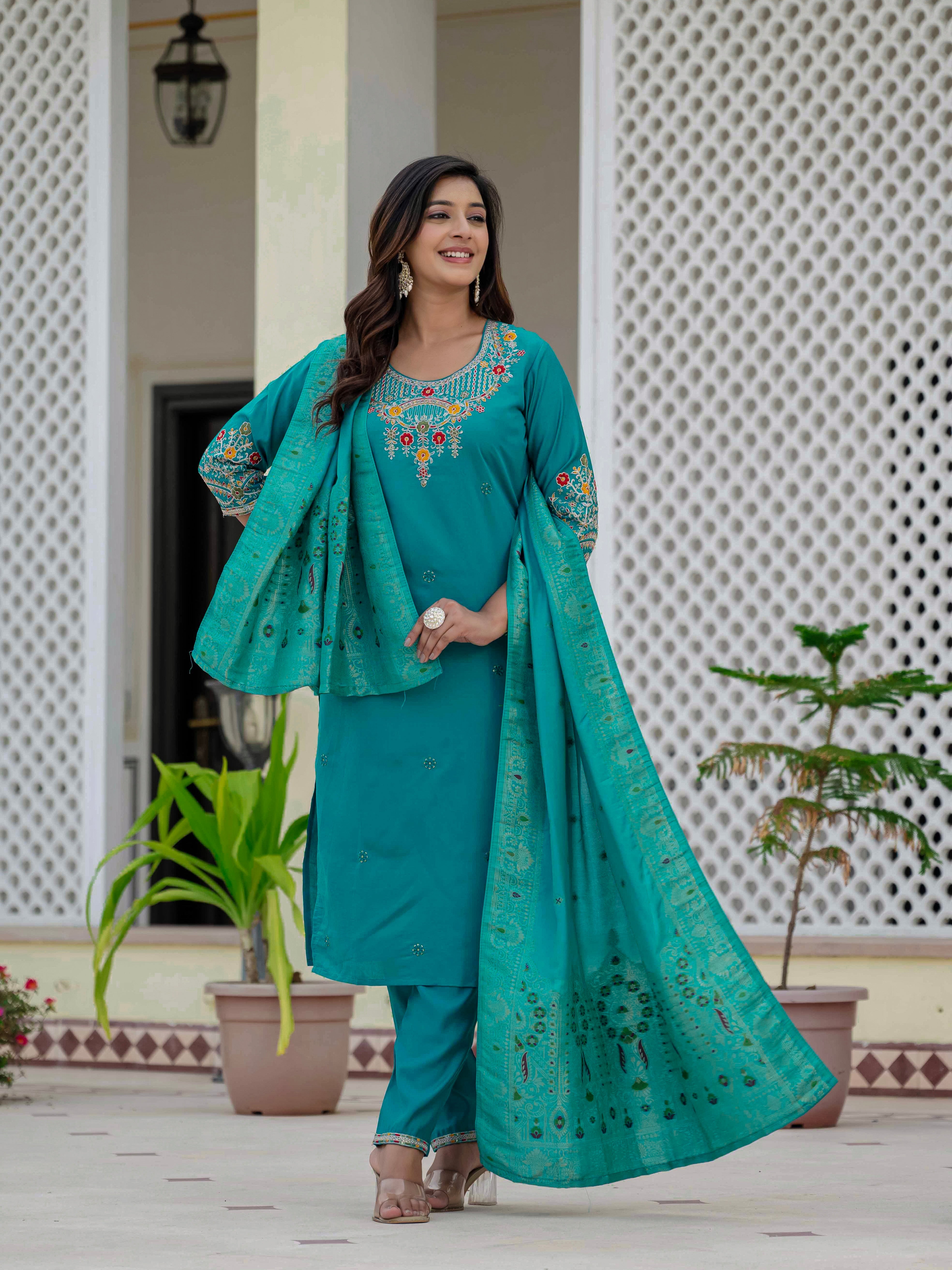 Hanch Premium Roman Silk Embroidered Straight Kurti Set – Firozi