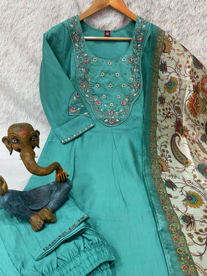 Hanch Premium Marina Silk Embroidered Straight Kurti Set – See Green