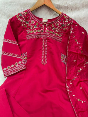 Hanch Viscose Mango Silk Embroidered Anarkali Kurti Set – Rani Pink