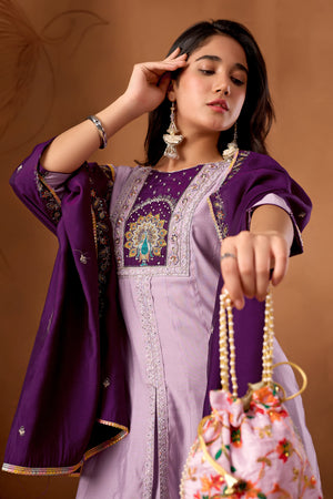 Hanch Roman Silk Embroidered Anarkali Kurti Set – Light Lovender