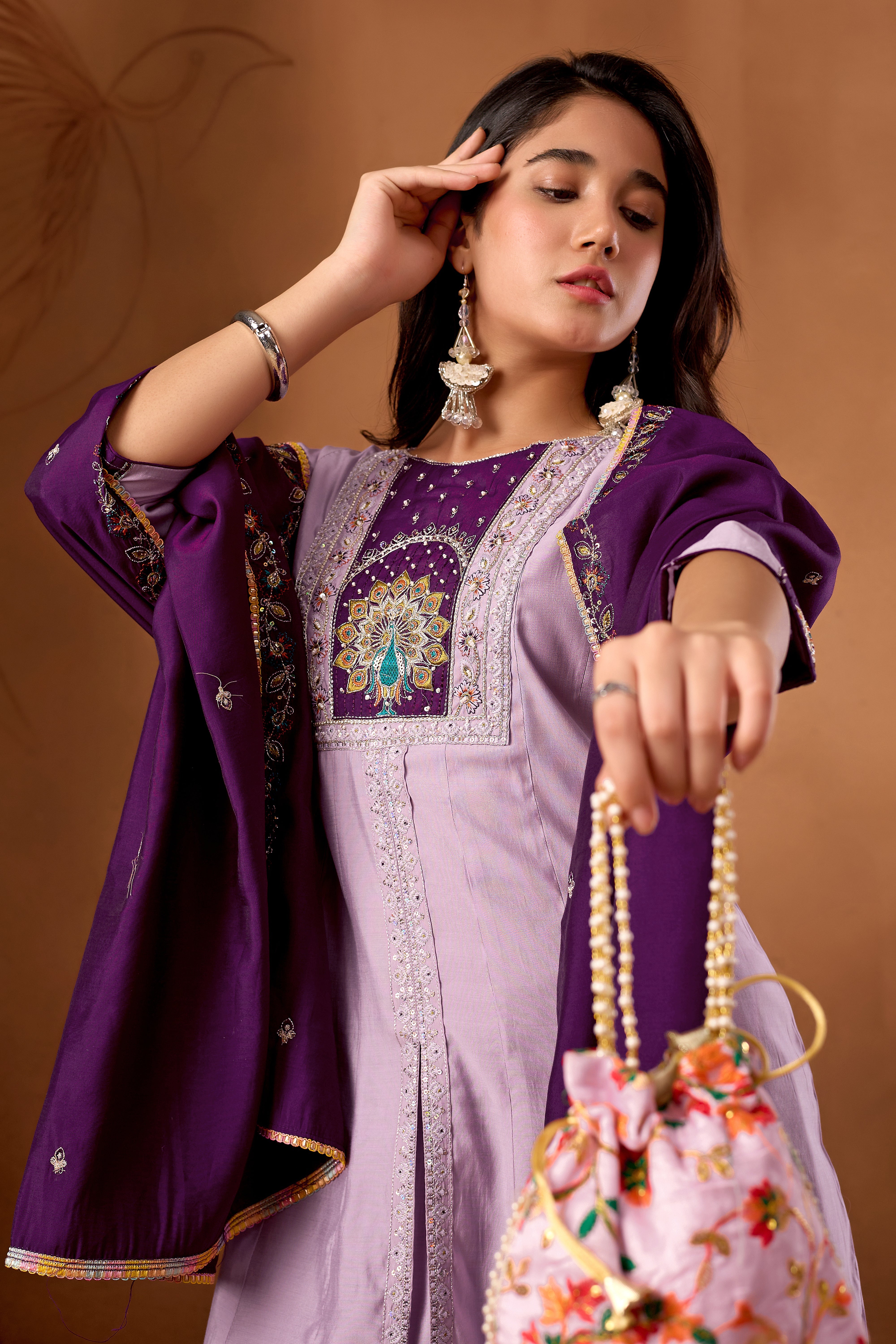 Hanch Roman Silk Embroidered Anarkali Kurti Set – Light Lovender