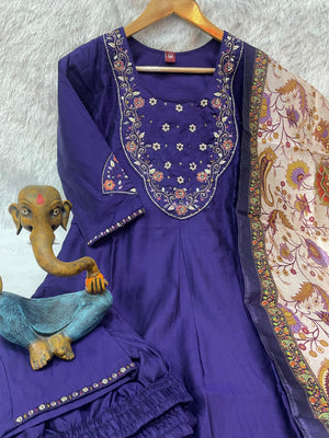 Hanch Premium Marina Silk Embroidered Straight Kurti Set – Violet