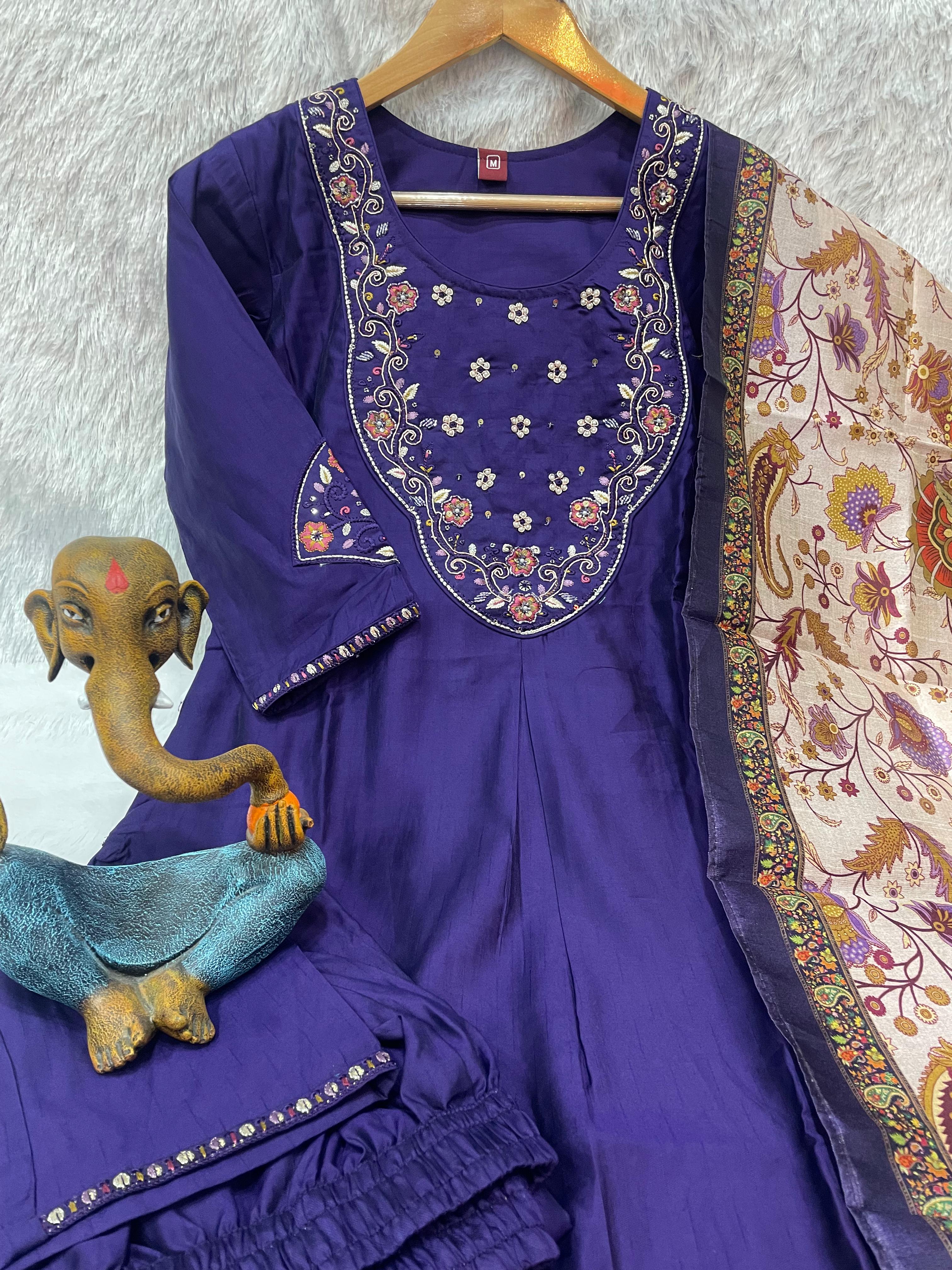 Hanch Premium Marina Silk Embroidered Straight Kurti Set – Violet