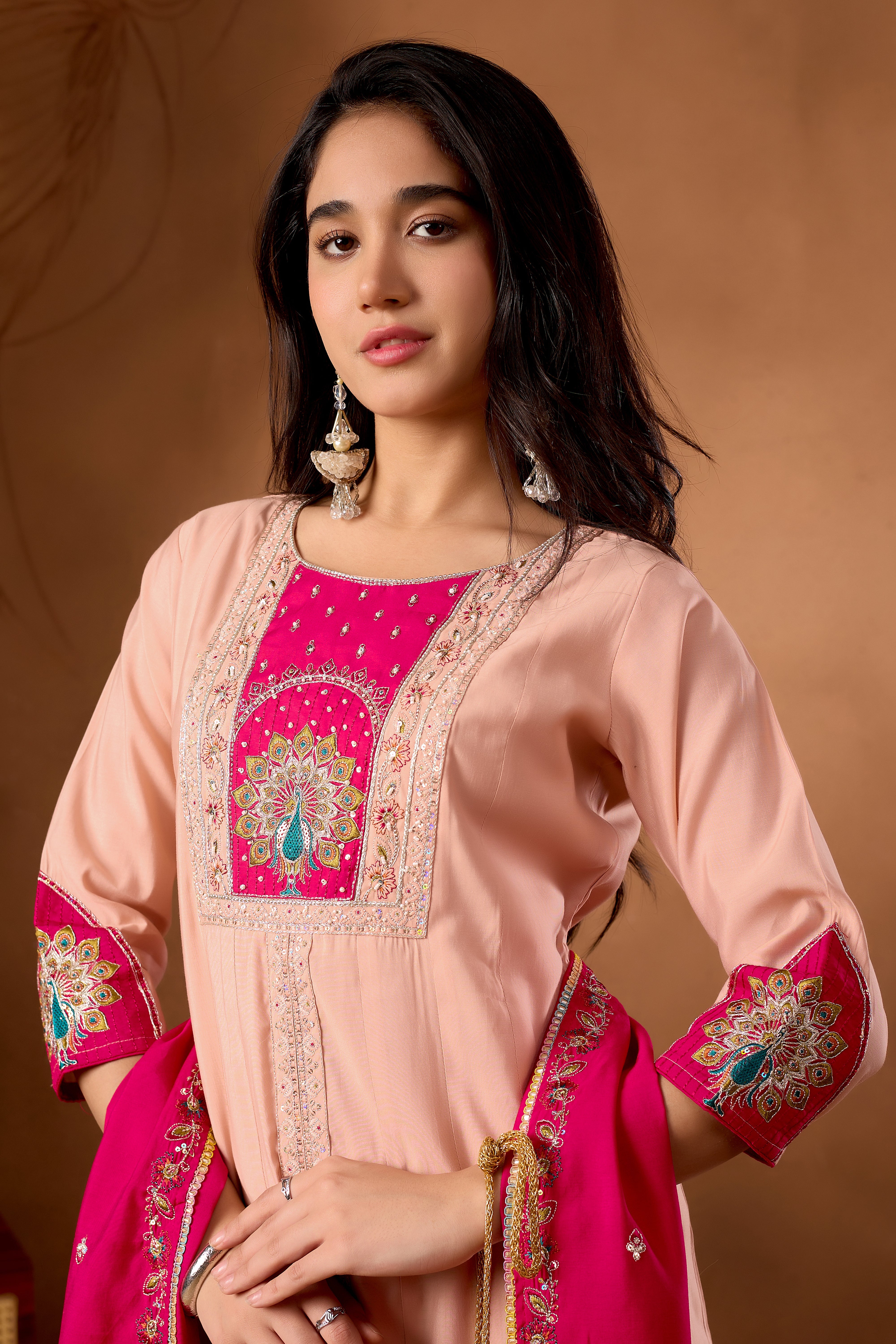 Hanch Roman Silk Embroidered Anarkali Kurti Set – Peach