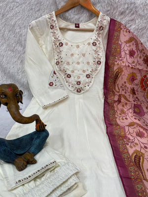 Hanch Premium Marina Silk Embroidered Straight Kurti Set – White