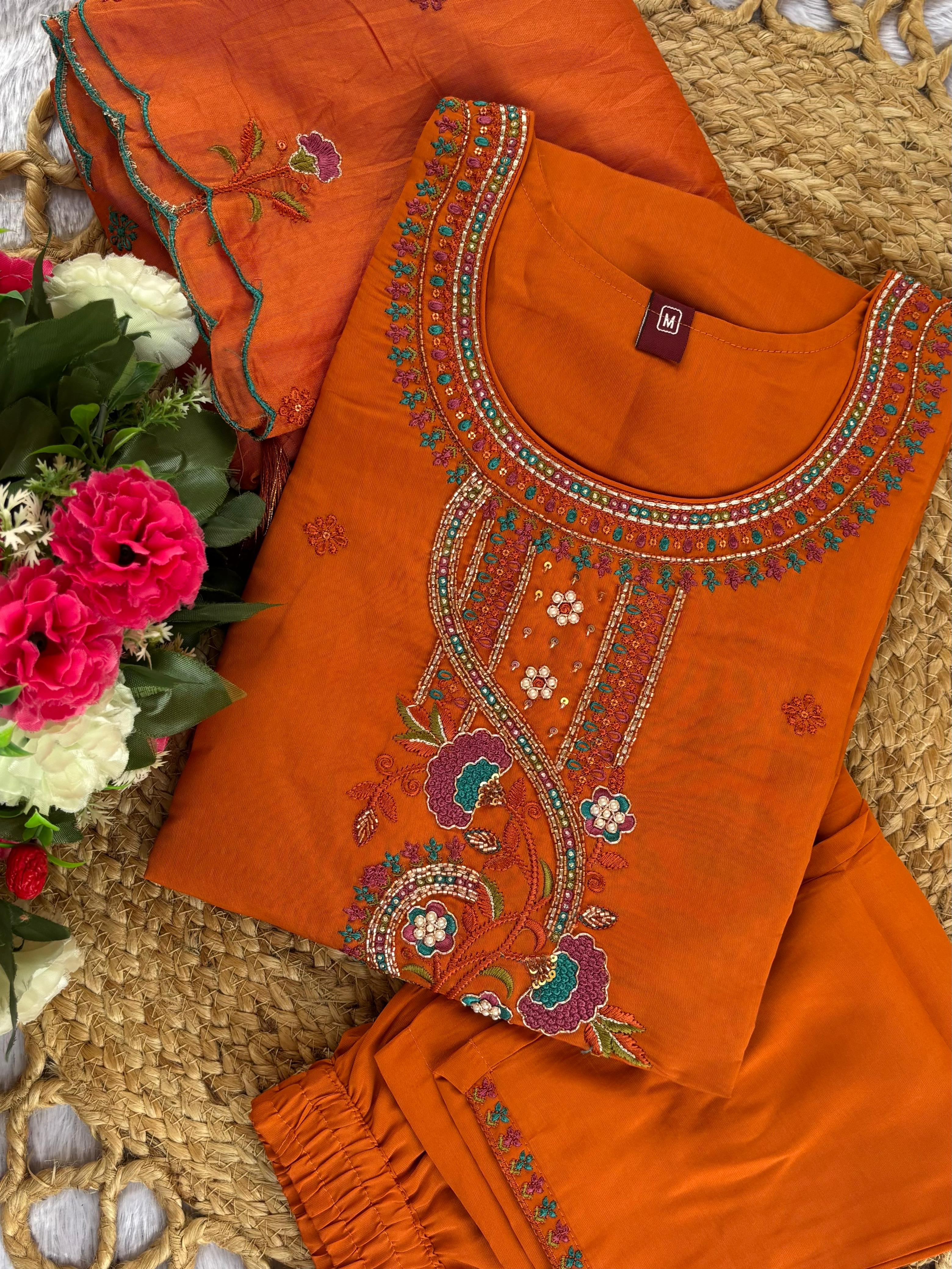 Hanch Roman Silk Embroidered Straight Kurti Set – Orange