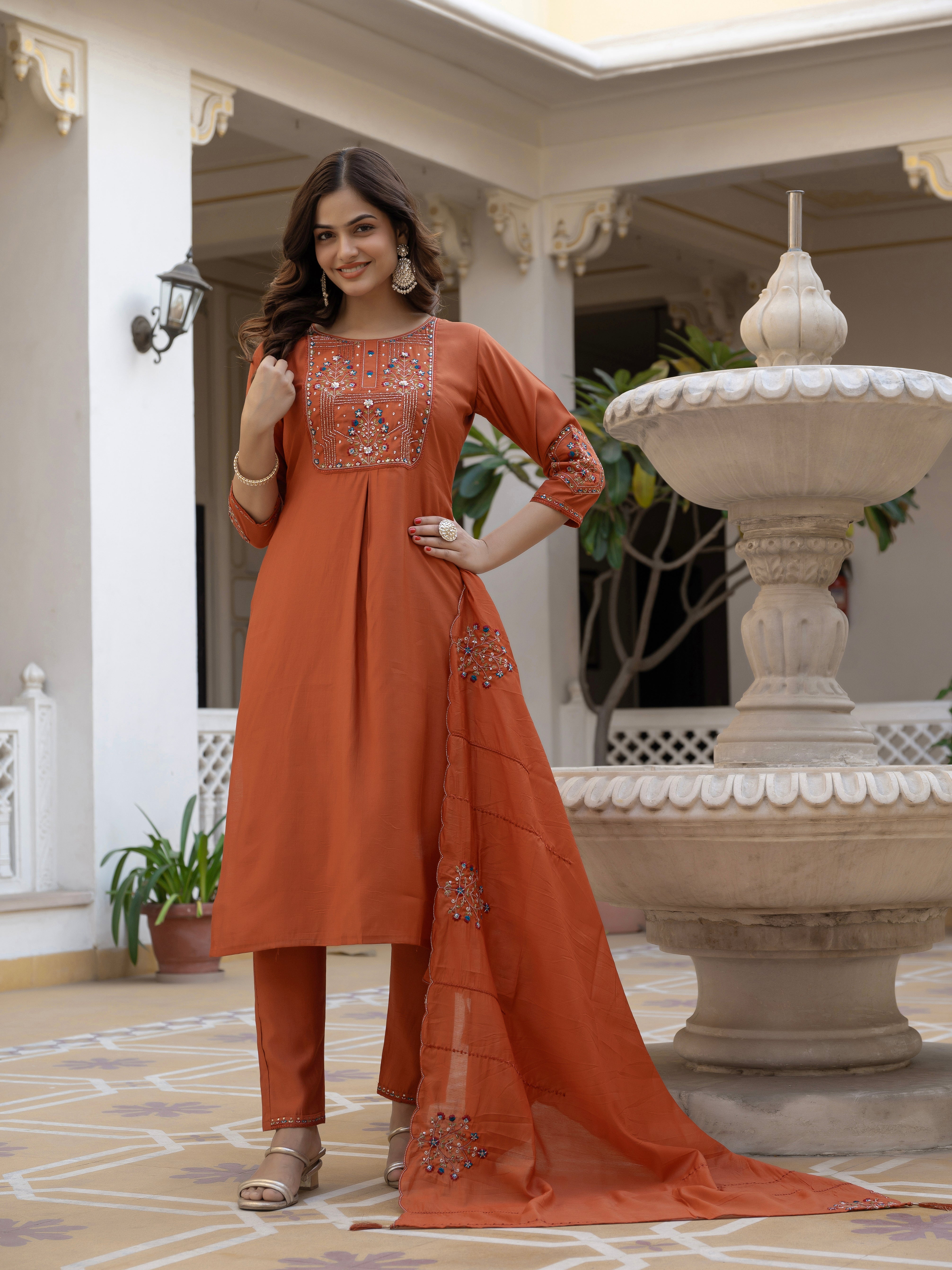 Hanch Pure Viscose Mango Silk Embroidered Straight Kurti Set – Rust