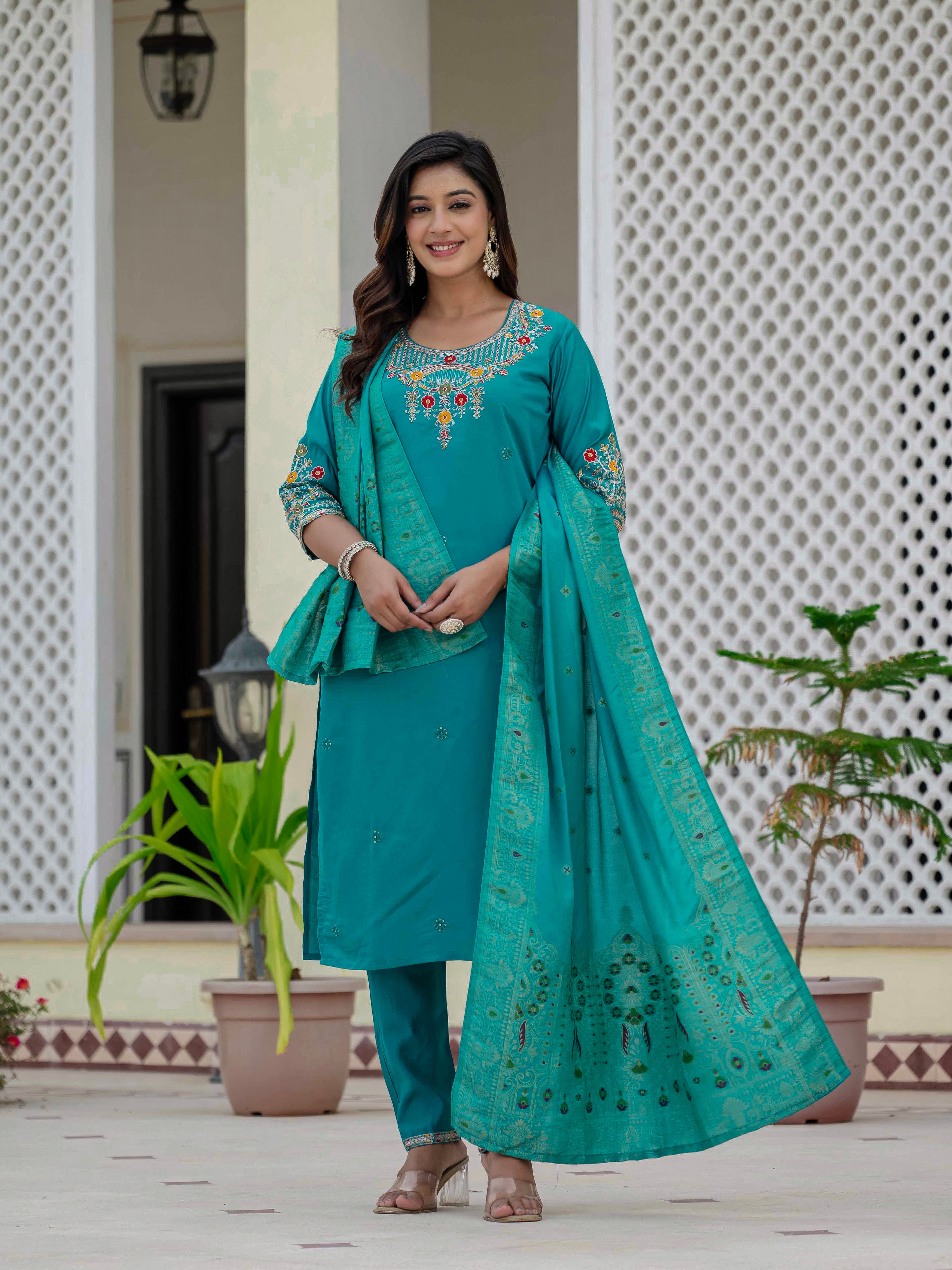 Hanch Premium Roman Silk Embroidered Straight Kurti Set – Firozi