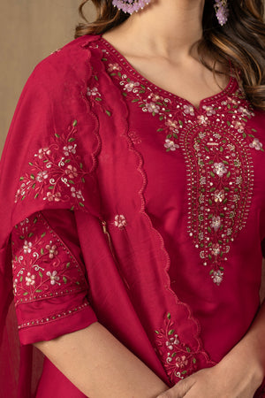Hanch Roman Silk Embroidered Straight Kurti Set – Rani Pink