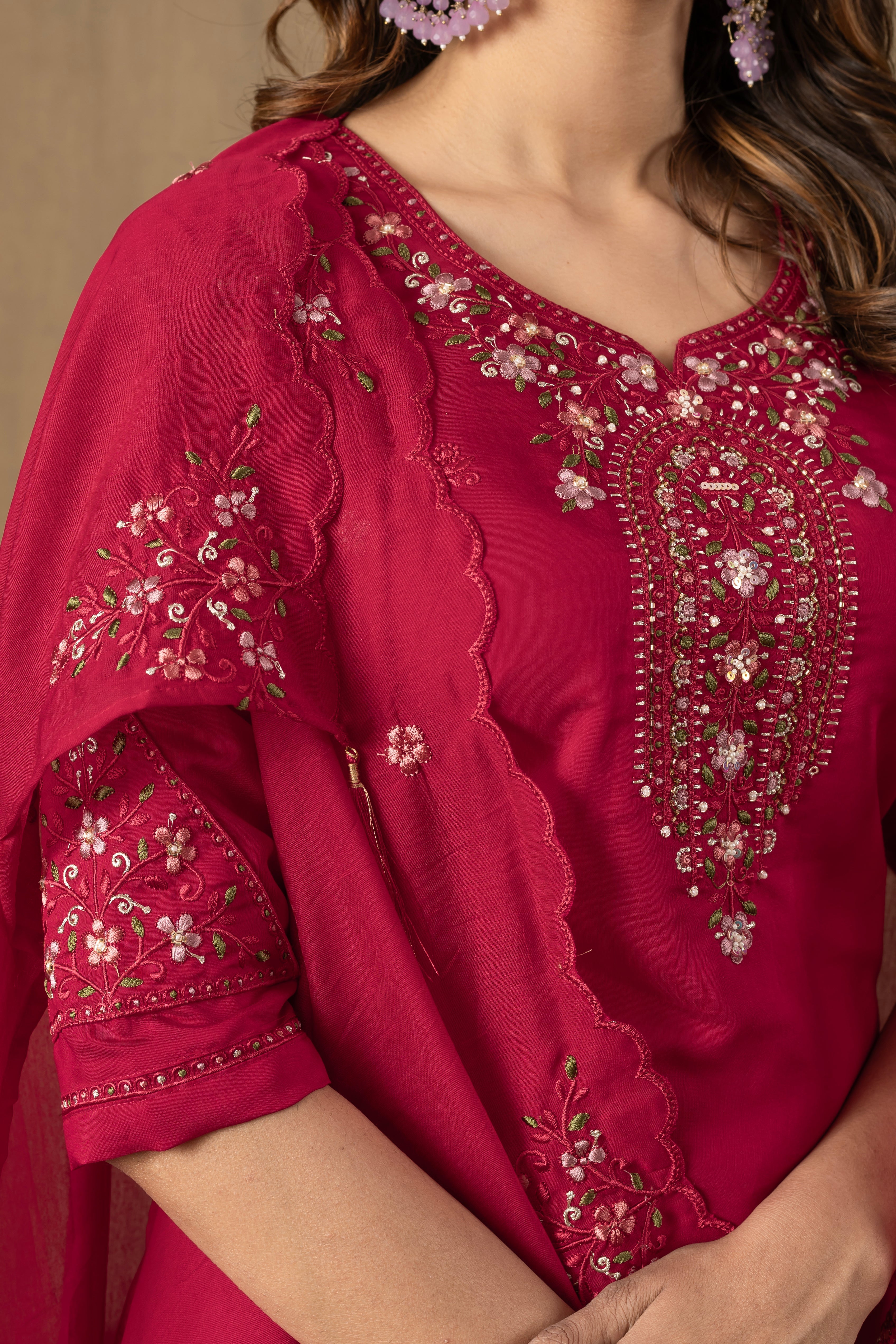 Hanch Roman Silk Embroidered Straight Kurti Set – Rani Pink