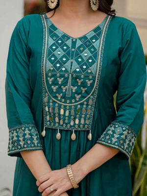 Hanch Viscose Roman Silk Embroidered Anarkali Kurti Set – Teal