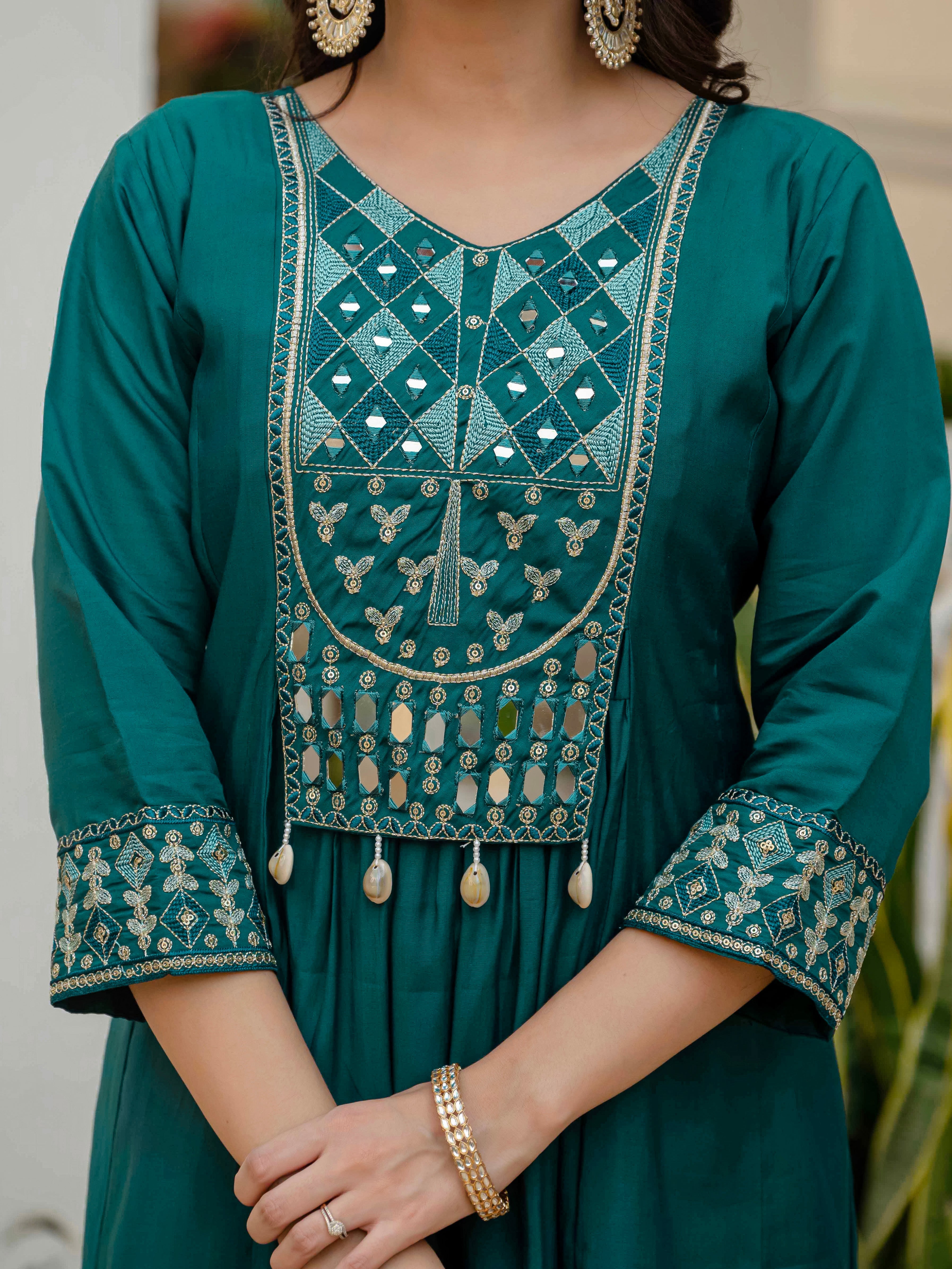 Hanch Viscose Roman Silk Embroidered Anarkali Kurti Set – Teal