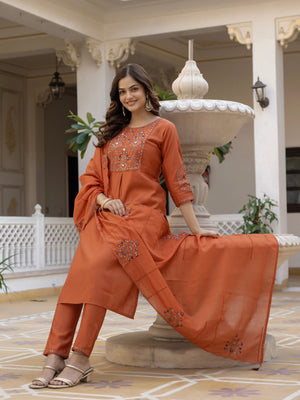 Hanch Pure Viscose Mango Silk Embroidered Straight Kurti Set – Rust
