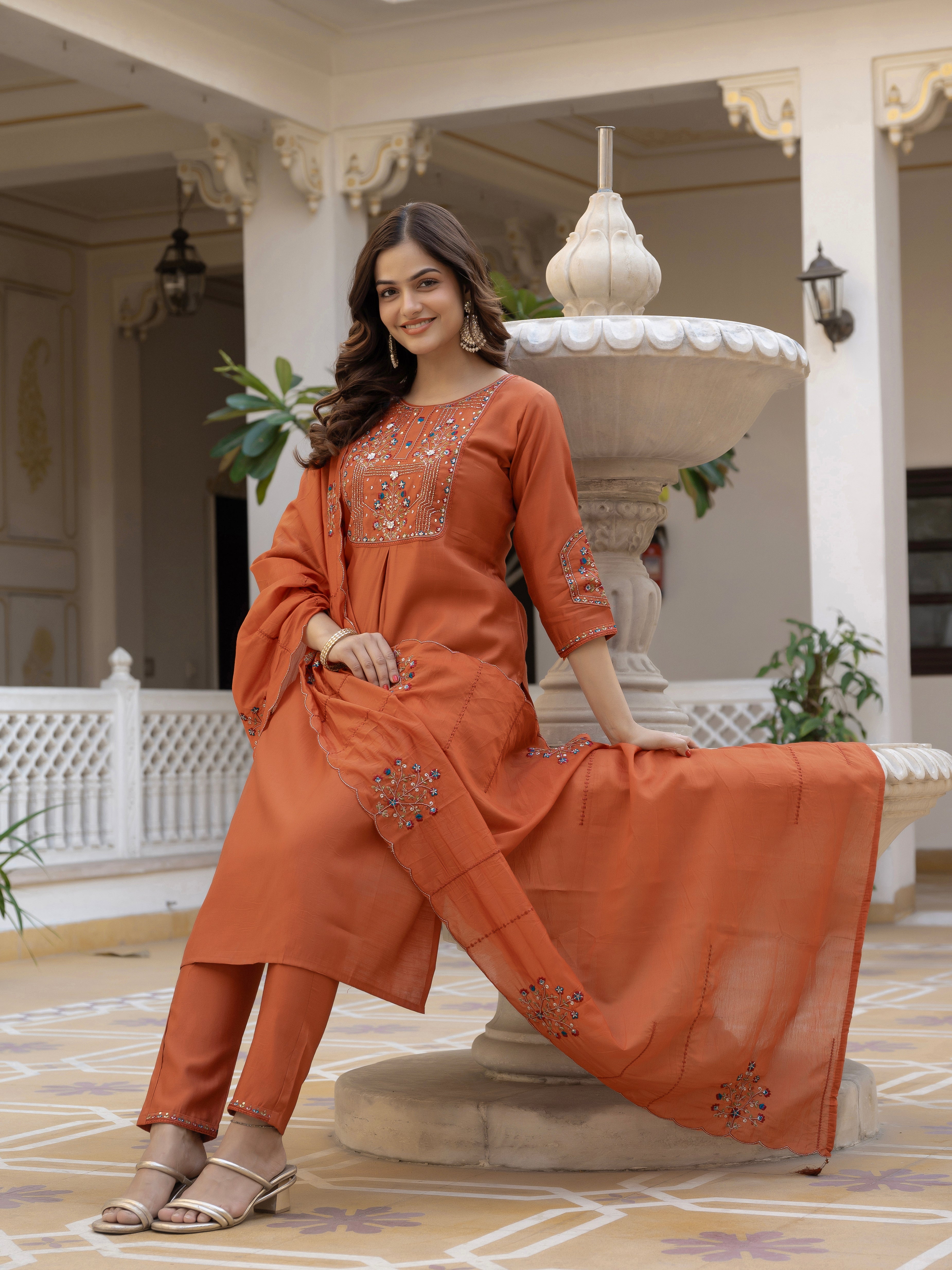 Hanch Pure Viscose Mango Silk Embroidered Straight Kurti Set – Rust