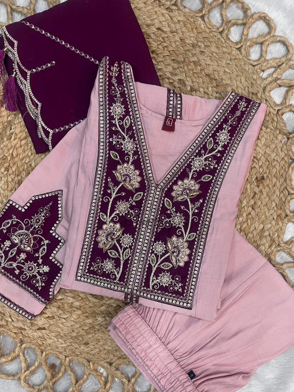 Hanch Roman Silk Embroidered Anarkali Kurti Set – Baby Pink