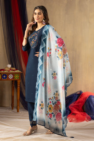 Hanch Viscose Mango Silk Embroidered Straight Kurti Set – Navy Blue