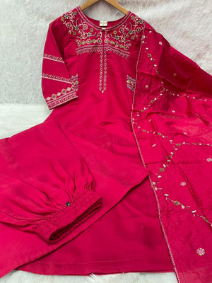 Hanch Viscose Mango Silk Embroidered Anarkali Kurti Set – Rani Pink