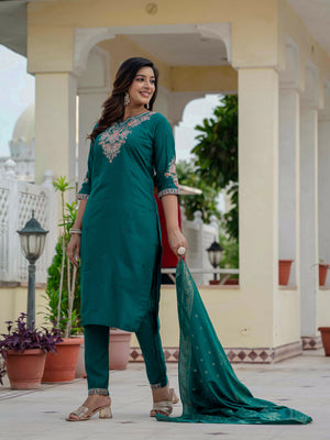 Hanch Premium Roman Silk Embroidered Straight Kurti Set – Rama Green