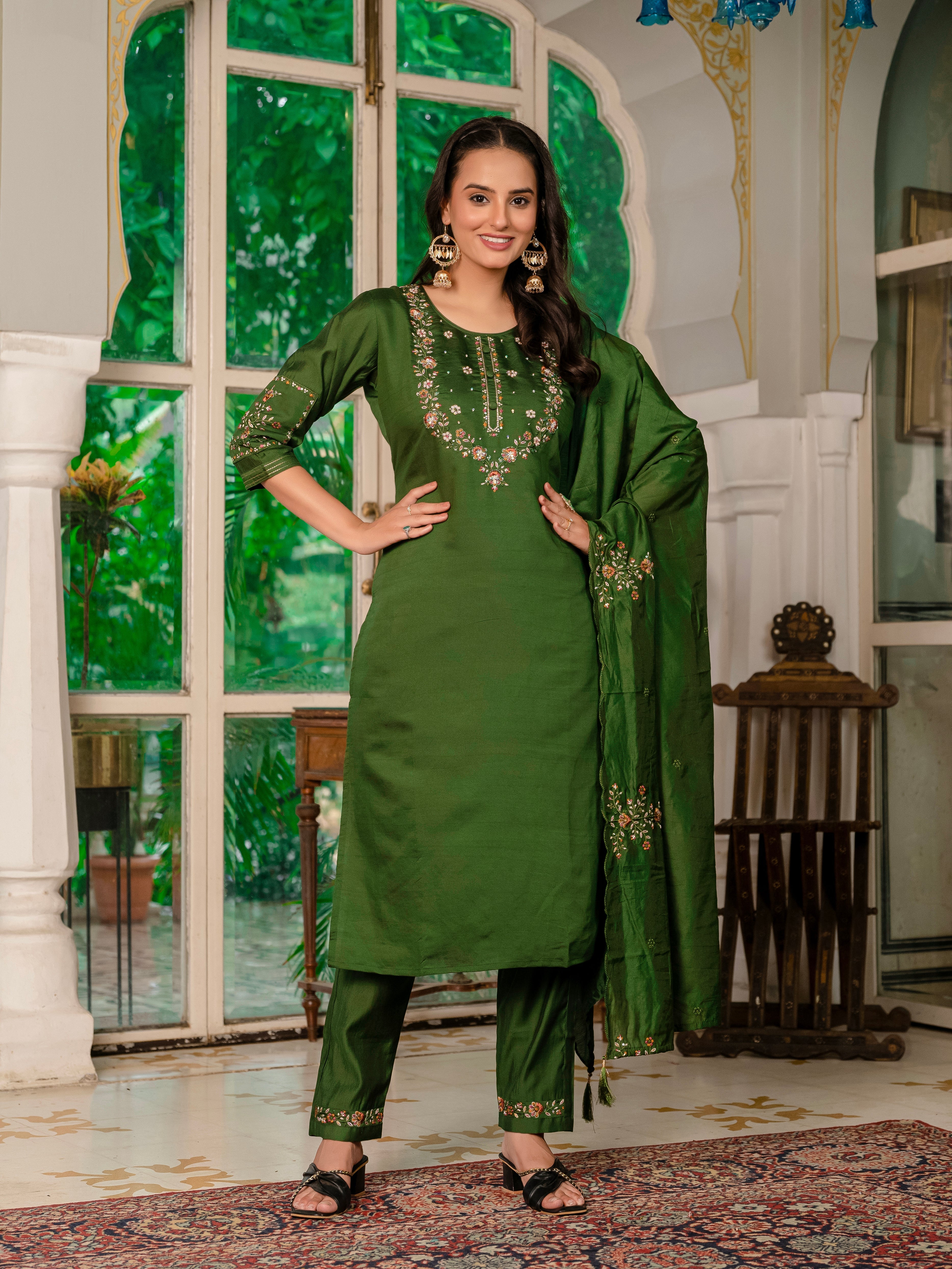 Hanch Marina Silk Embroidered Straight Kurti Set – Mehndi Green