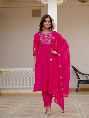 Hanch Pure Viscose Mango Silk Embroidered Straight Kurti Set – Pink