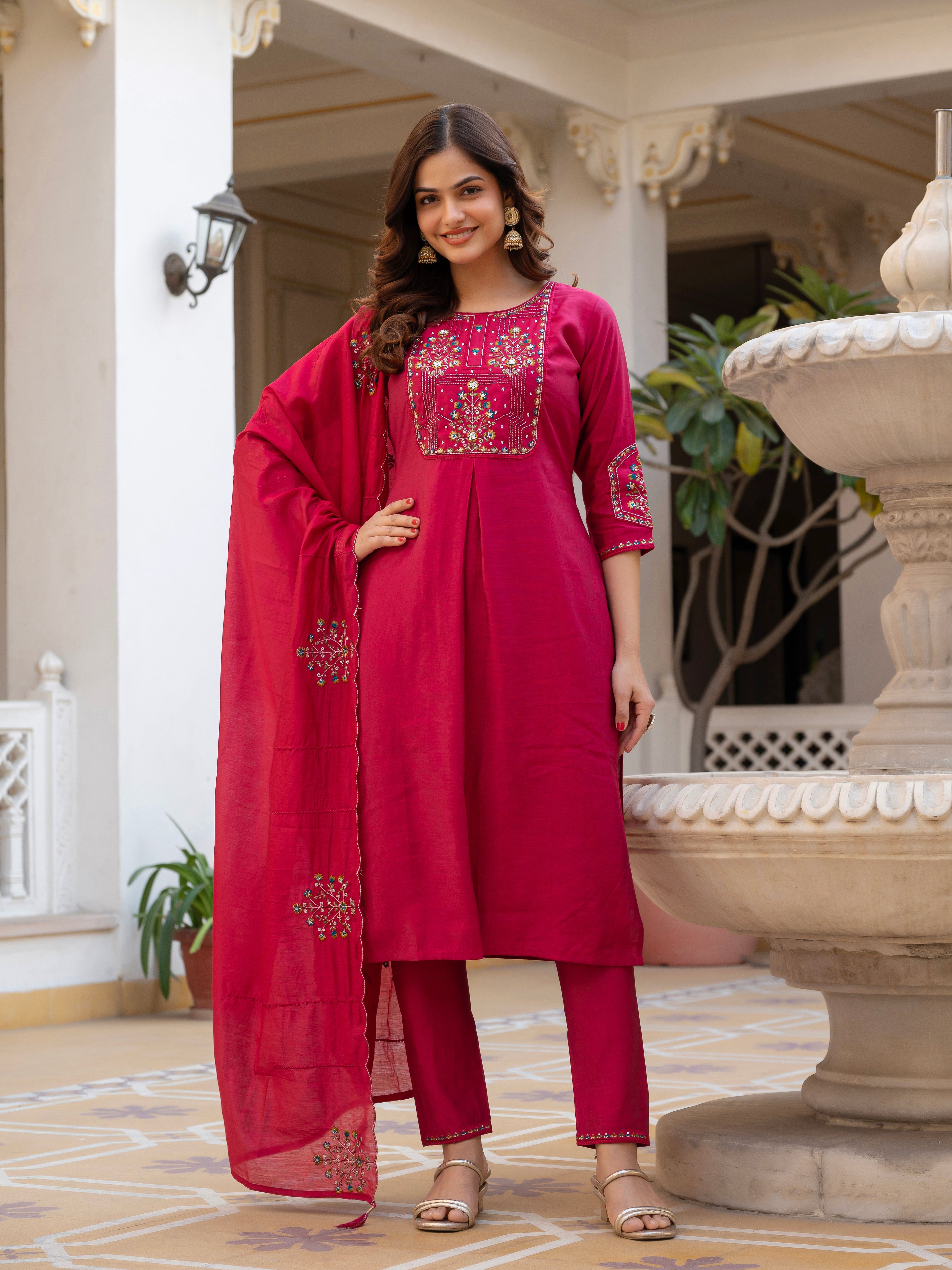 Hanch Pure Viscose Mango Silk Embroidered Straight Kurti Set – Pink