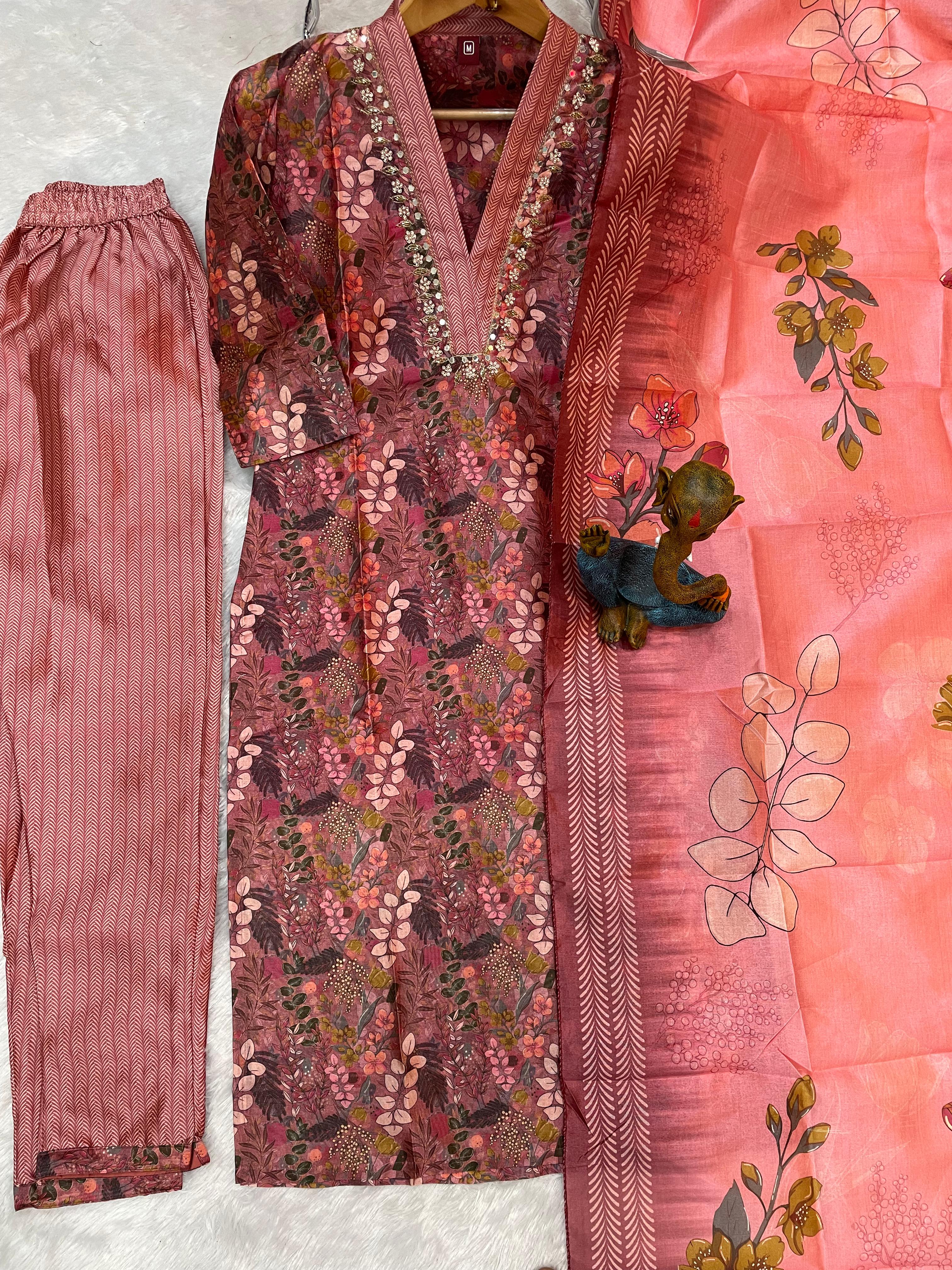 Hanch Zarna Silk Embroidered Straight Kurti Set – Dusty Rose