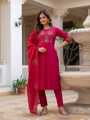 Hanch Pure Viscose Mango Silk Embroidered Straight Kurti Set – Pink